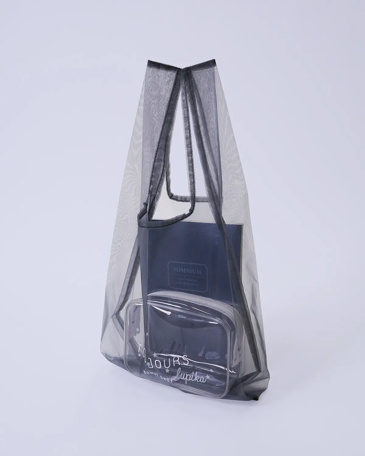 オーガンジーレジ袋型バッグ_斜め・ノート・水筒